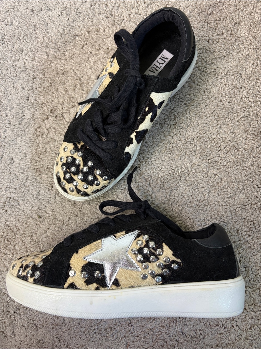 Myra Cow Hide Fur Leather Platform Sneakers Cream Black Silver Star Studs 7